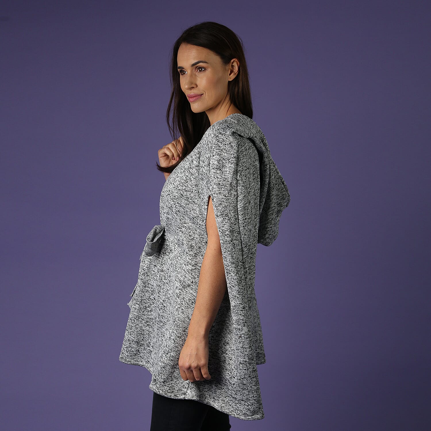 Hooded Neckline Knitted Poncho with Waist belt - Grey 3653363 5