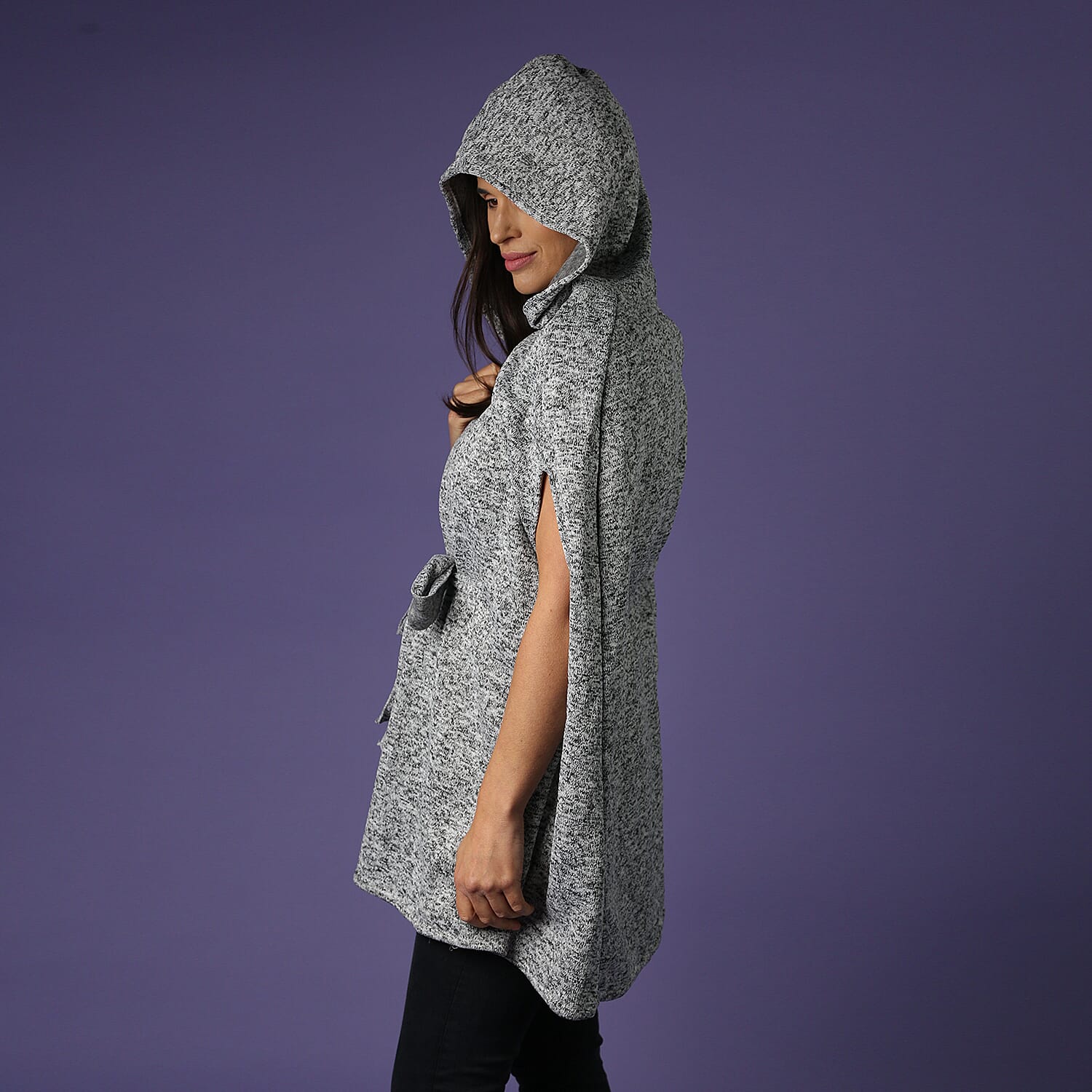 Hooded Neckline Knitted Poncho with Waist belt - Grey 3653363 6