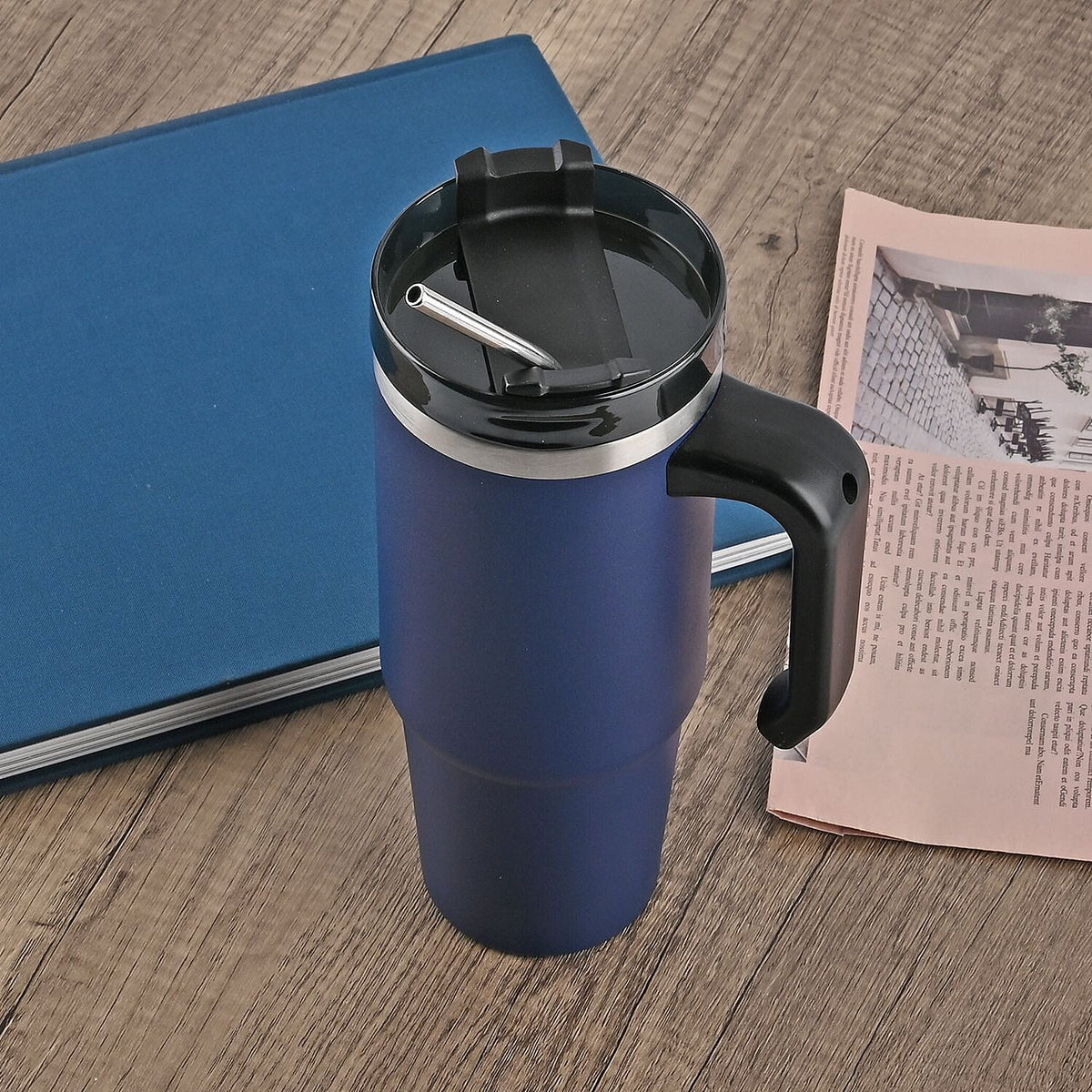 Hot or Cold Insulated Mug with Lid and Stainless Steel Straw - Navy 7572802 3