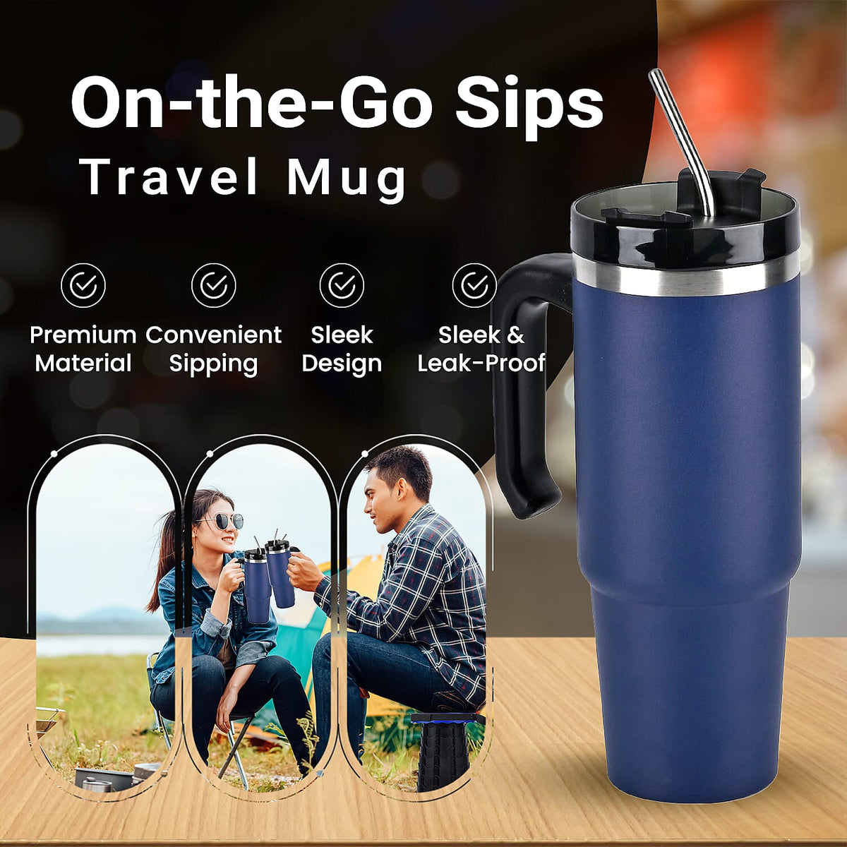 Hot or Cold Insulated Mug with Lid and Stainless Steel Straw - Navy 7572802 5