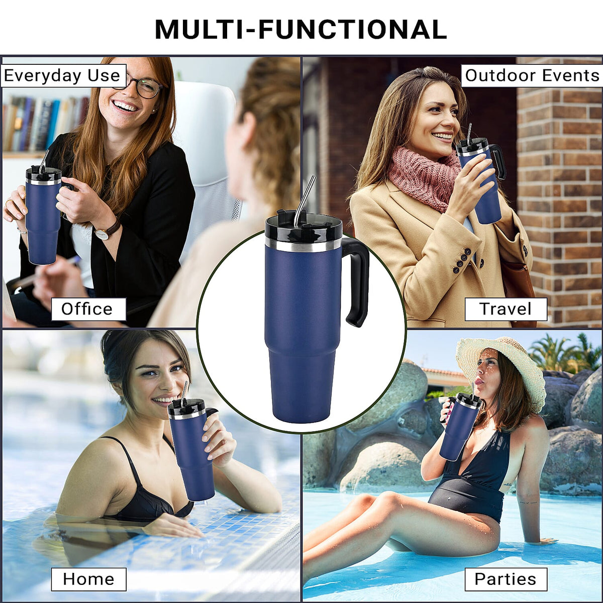 Hot or Cold Insulated Mug with Lid and Stainless Steel Straw - Navy 7572802 9