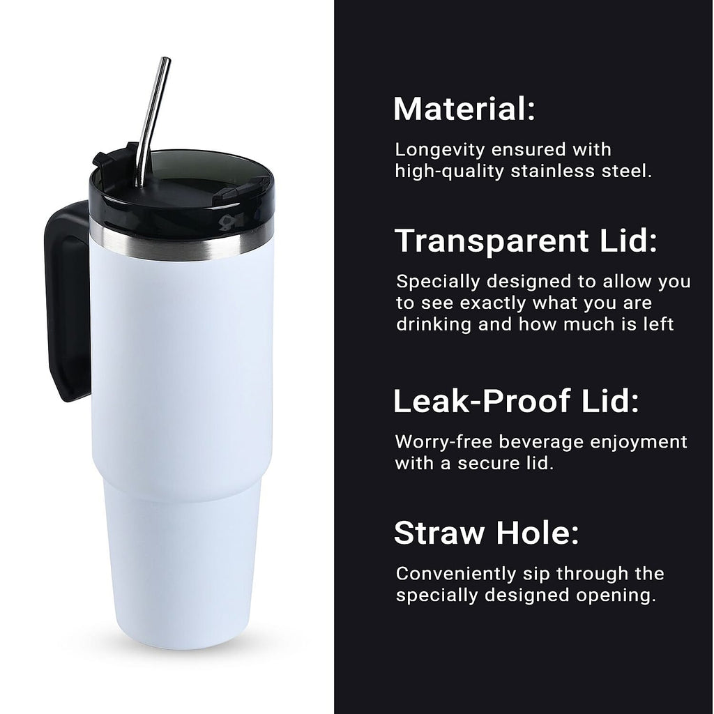Hot or Cold Insulated Mug with Lid and Stainless Steel Straw - White