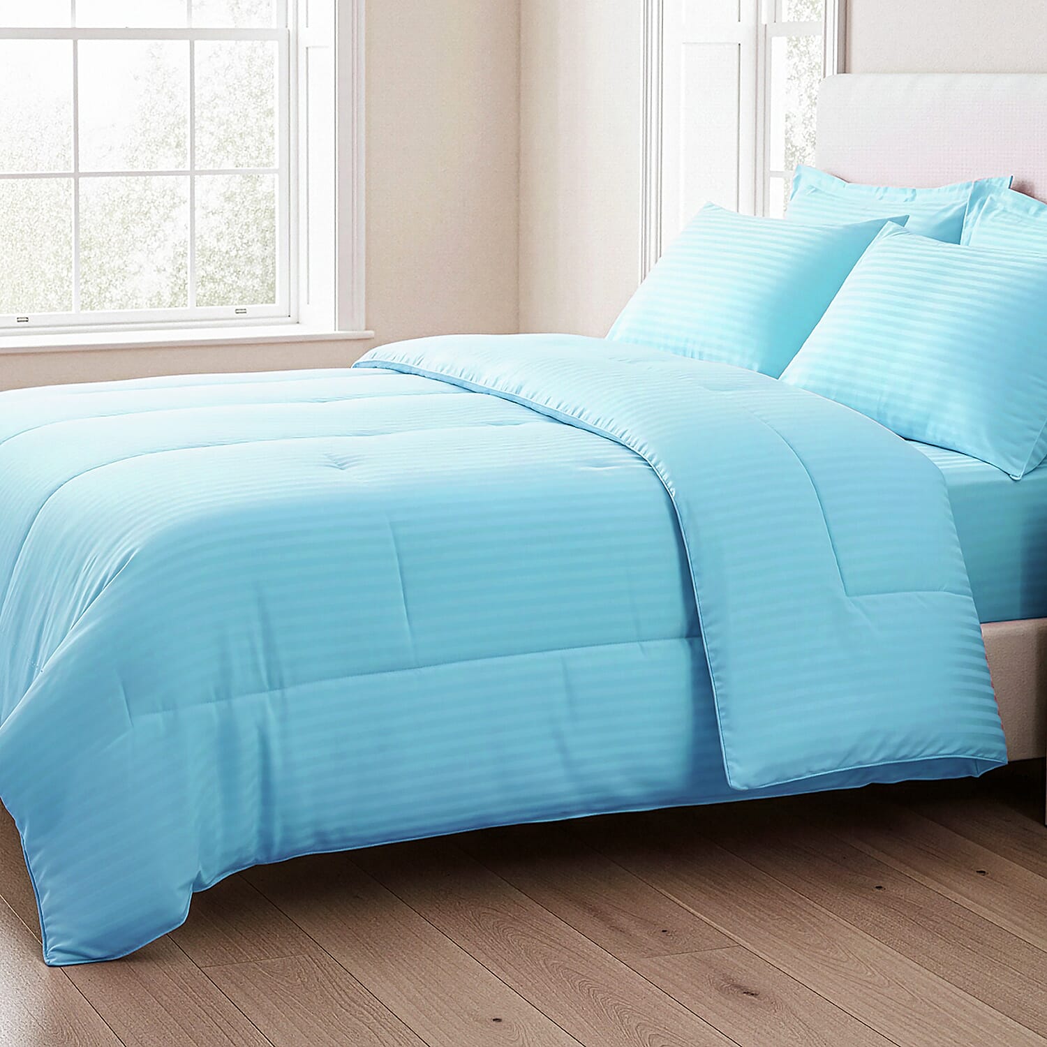 Hush Haven 6-Piece Summer Striped Comforter Set - inc Comforter, Fitted Sheet, 2xHousewife &amp; 2xOxford Pillowcase (King, 225 x 220cm) - Turquoise 8357227 0