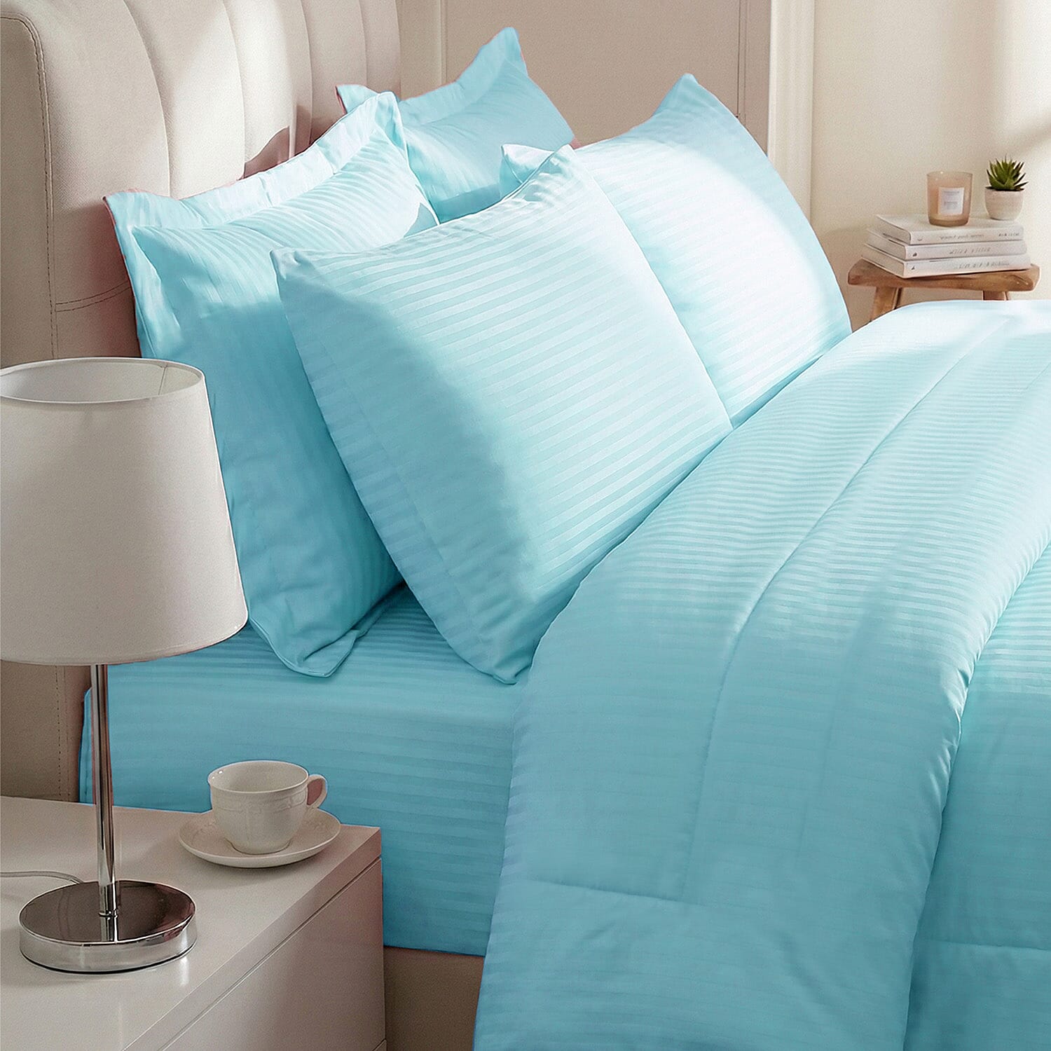 Hush Haven 6-Piece Summer Striped Comforter Set - inc Comforter, Fitted Sheet, 2xHousewife &amp; 2xOxford Pillowcase (King, 225 x 220cm) - Turquoise 8357227 2