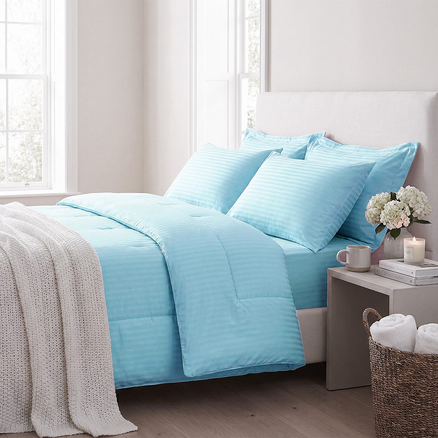 Hush Haven 6-Piece Summer Striped Comforter Set - inc Comforter, Fitted Sheet, 2xHousewife &amp; 2xOxford Pillowcase (King, 225 x 220cm) - Turquoise 8357227 3