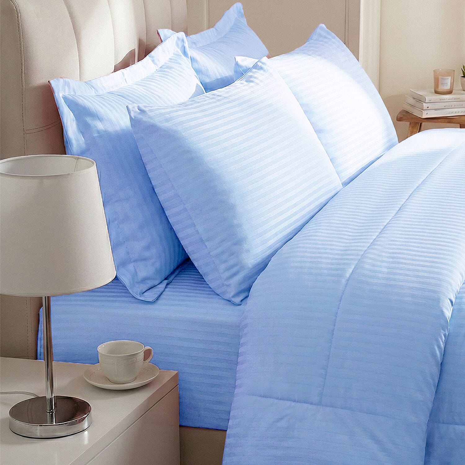 Hush Haven 6-Piece Summer Striped Comforter Set - inc Comforter, Fitted Sheet, 2xHousewife &amp; 2xOxford Pillowcase (Double, 200 x 200cm) - Blue 8357228 2