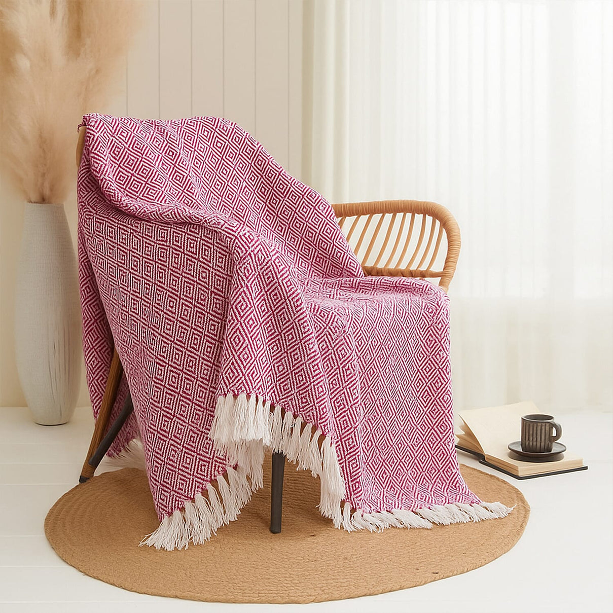 Hush Heaven 100% Soft Cotton Diamond Weaved Throw Blanket (200x150cm) - Dark Pink 8129593 0