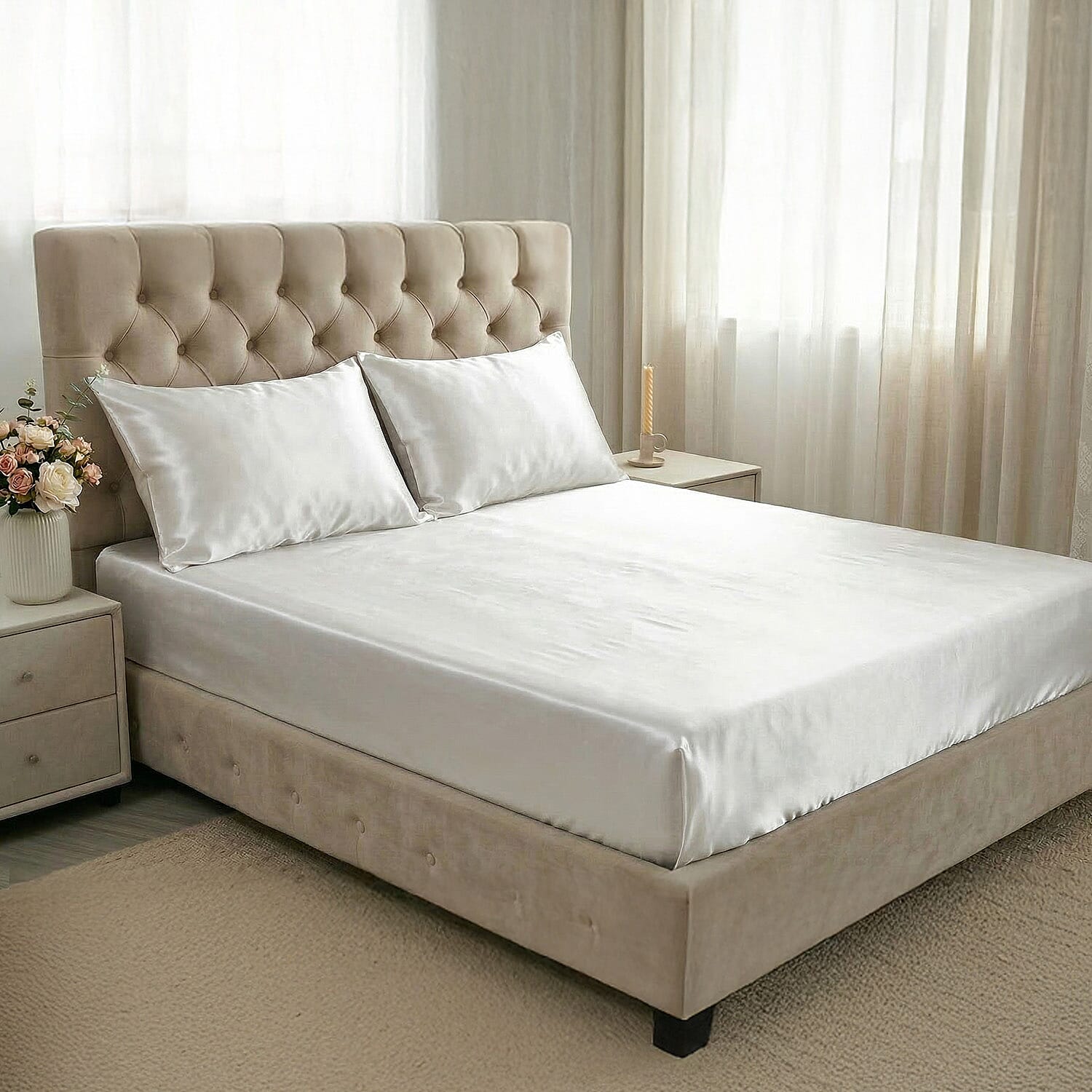 Elite Empress 4-Piece 100% Mulberry Silk Bedding Set - Deep Fitted Sheet, Coverlet - Pair of  Mother of Pearl Button Pillowcases (230 x 275cm) - Ivory 8412654 0