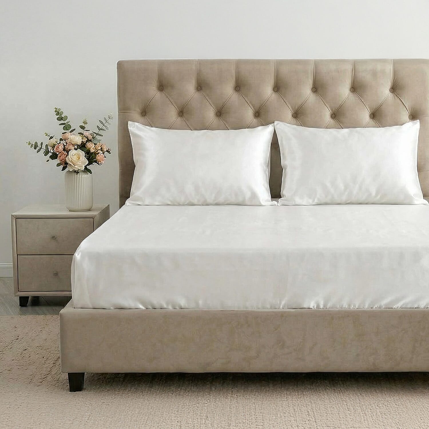 Elite Empress 4-Piece 100% Mulberry Silk Bedding Set - Deep Fitted Sheet, Coverlet - Pair of  Mother of Pearl Button Pillowcases (230 x 275cm) - Ivory 8412654 2