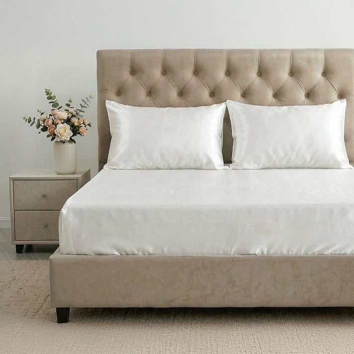 Elite Empress 4-Piece 100% Mulberry Silk Bedding Set - Deep Fitted Sheet, Coverlet - Pair of  Mother of Pearl Button Pillowcases (230 x 275cm) - Ivory 8412654 2