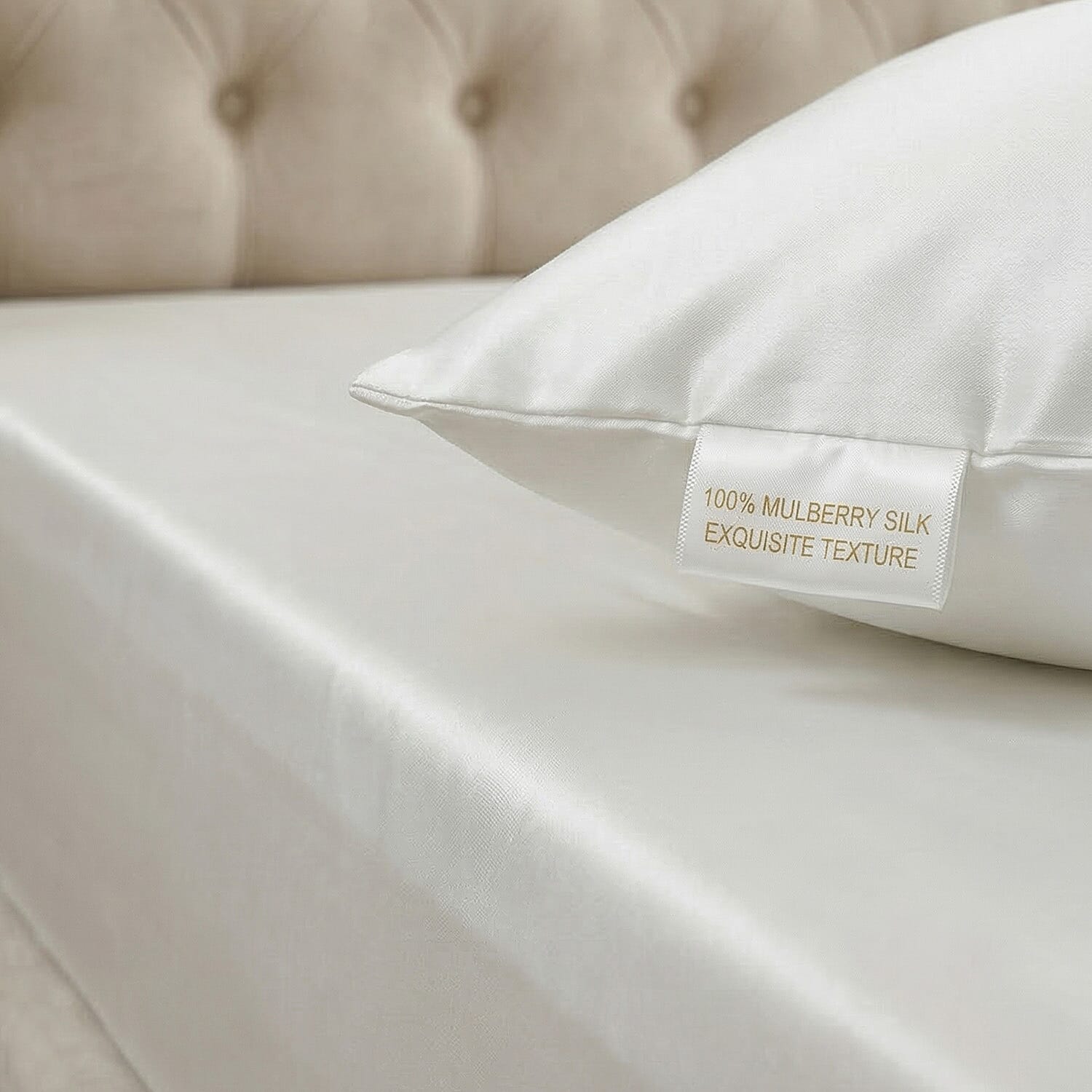 Elite Empress 4-Piece 100% Mulberry Silk Bedding Set - Deep Fitted Sheet, Coverlet - Pair of  Mother of Pearl Button Pillowcases (230 x 275cm) - Ivory 8412654 3