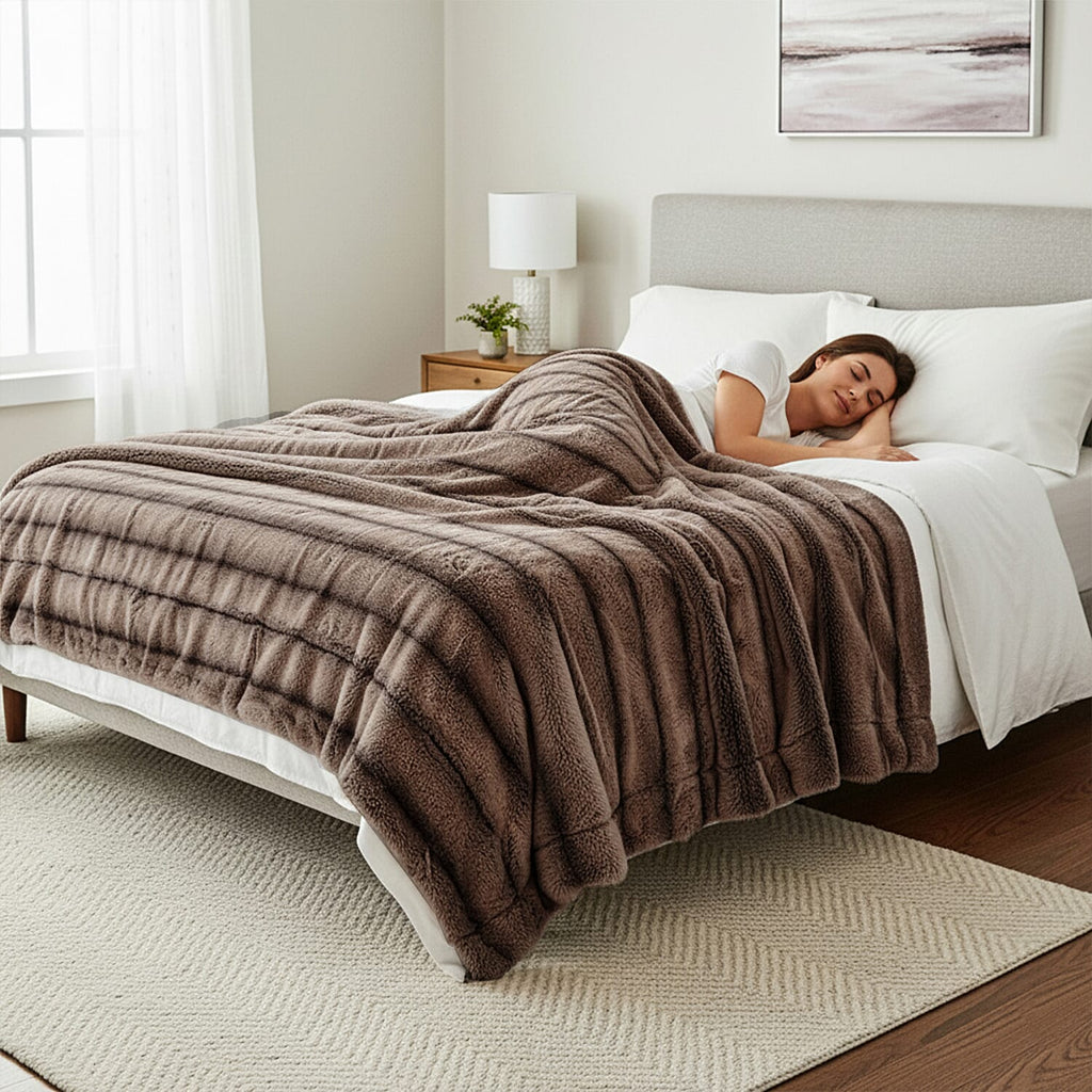 Hush Haven Luxury Double Layer Faux Fur Reversible Blanket - Light Coffee