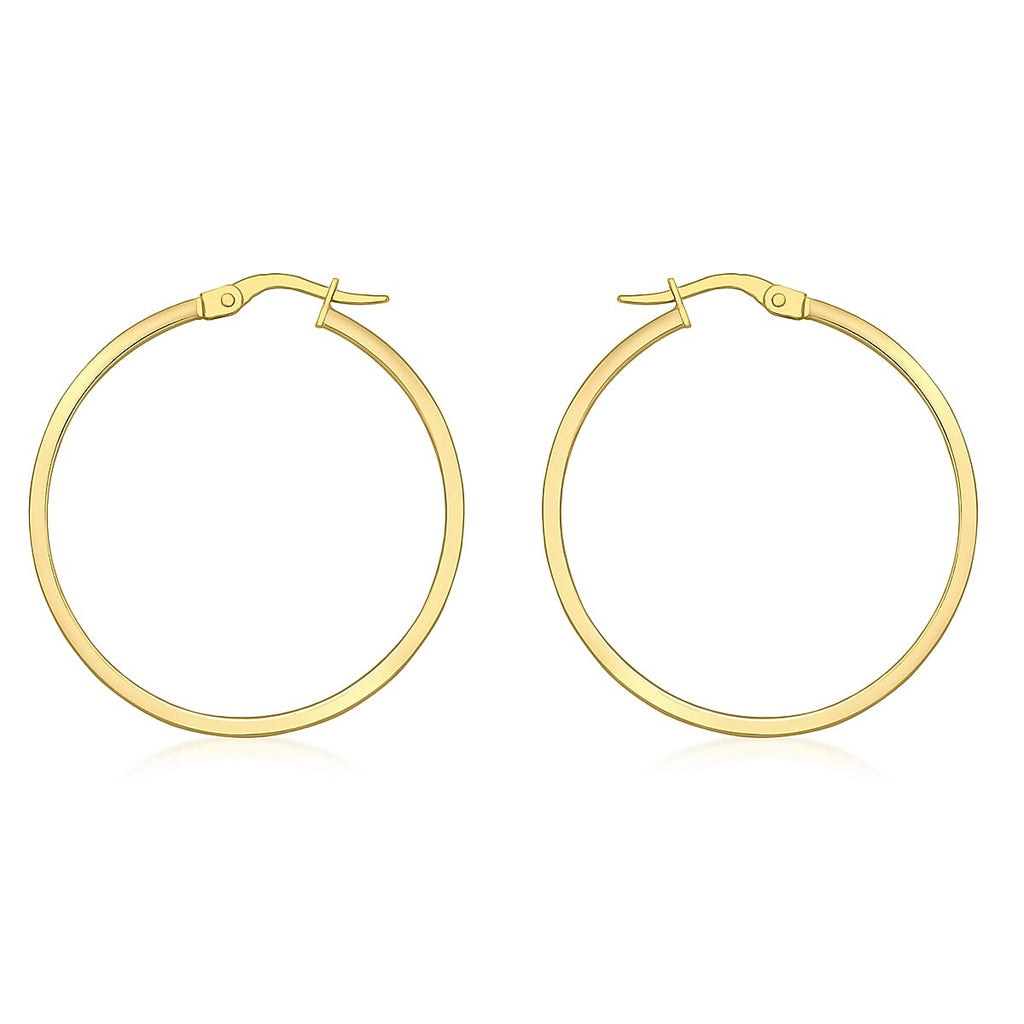 18K Yellow Gold 3mm Rectangular Tube 30mm Hoop Creole Earrings
