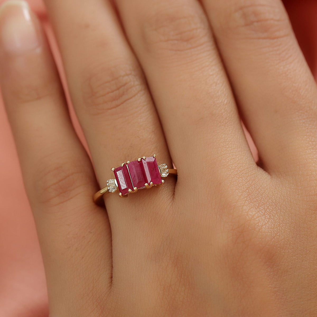 ILIANA AAA Ruby and Diamond SI /G-H 1.54 Ct. Trilogy Inspired Ring in 18K Yellow Gold, Wt. 2.53 Gms 8963216 2
