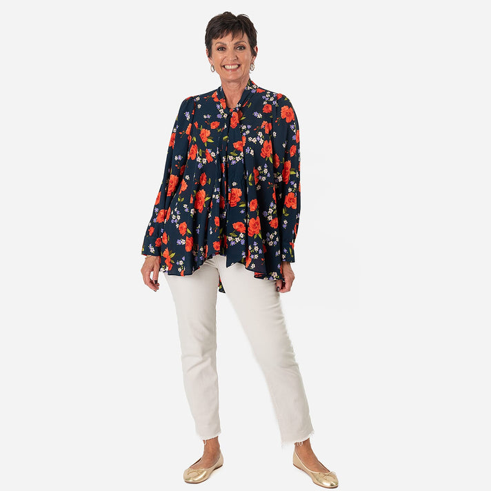 Floral Print Tie-Neck Ruffle Blouse (Size 10) - Navy 8196809 1