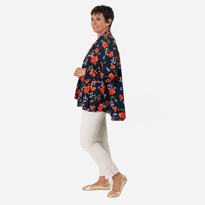 Floral Print Tie-Neck Ruffle Blouse (Size 10) - Navy 8196809 2
