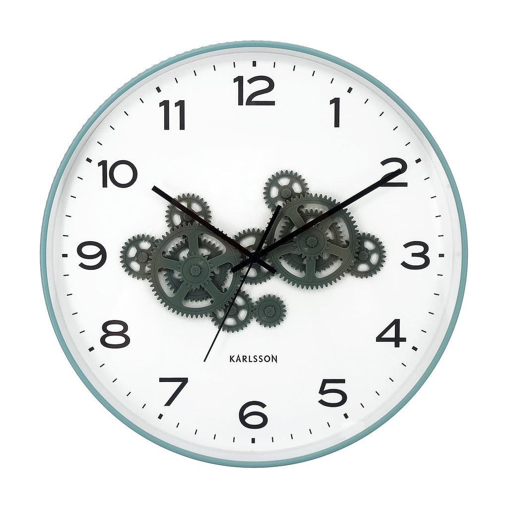 Present Time Open Gear Wall Clock - Misty Blue Rim with Jungle Green Gear Design