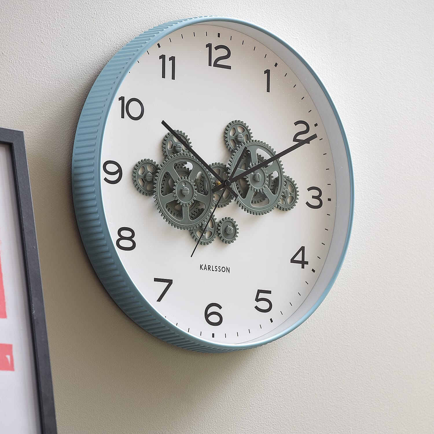 Present Time Open Gear Wall Clock - Misty Blue Rim with Jungle Green Gear Design 8335670 1