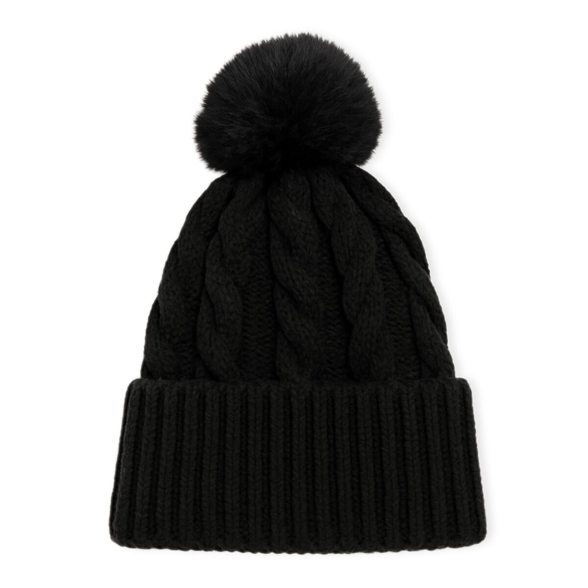 Chunky Cable Knit Beanie Hat with Faux Fur Pom-Pom - Black 8289135 0