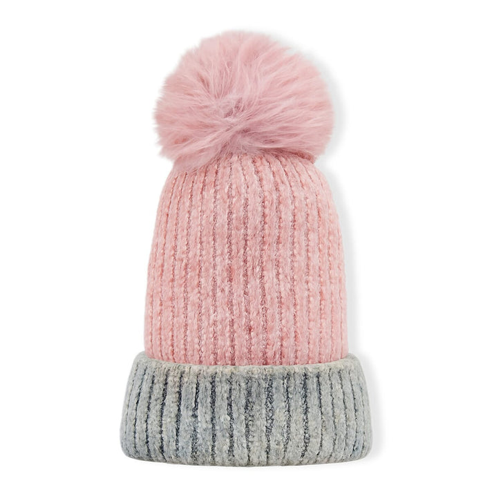Two - Tone Ribbed Beanie Hat with Faux Fur Pom-Pom - Pink - Grey 8289167 1