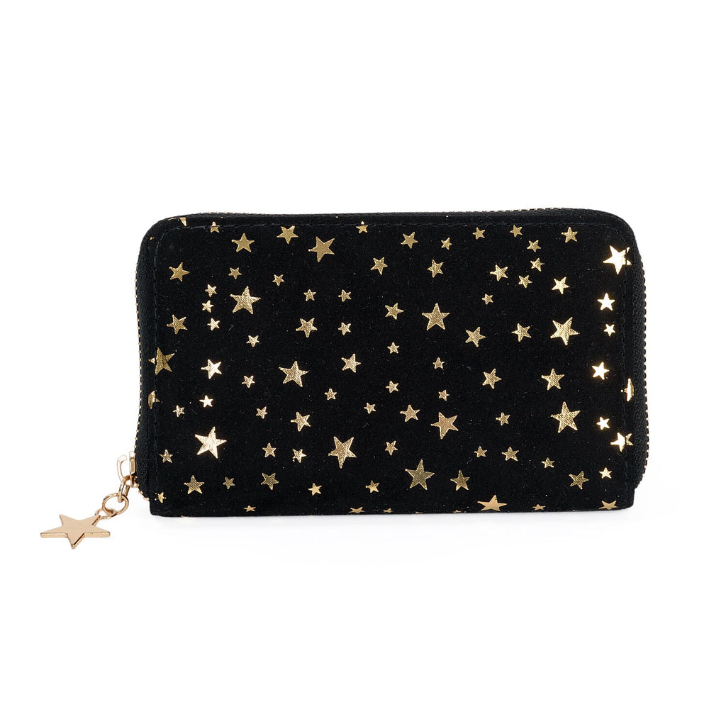 Coastal Gold Star Foil Print Zip-Around Wallet - Black