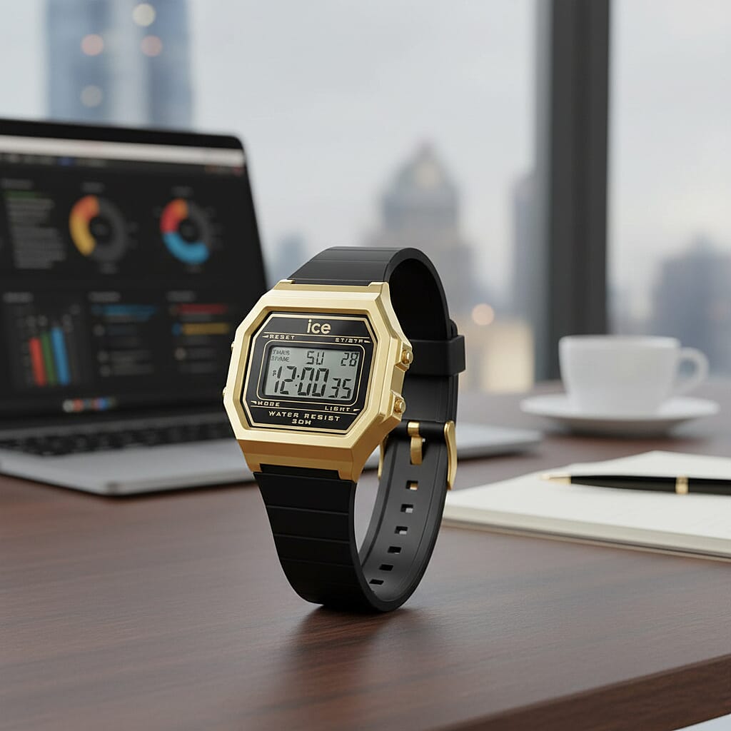 Ice Digit Retro Quartz Movt. 3ATM Water Resistance Grey Dial with Gold Colour Stainless Steel Case Unisex Watch with Black Silicone Band 8103760 1