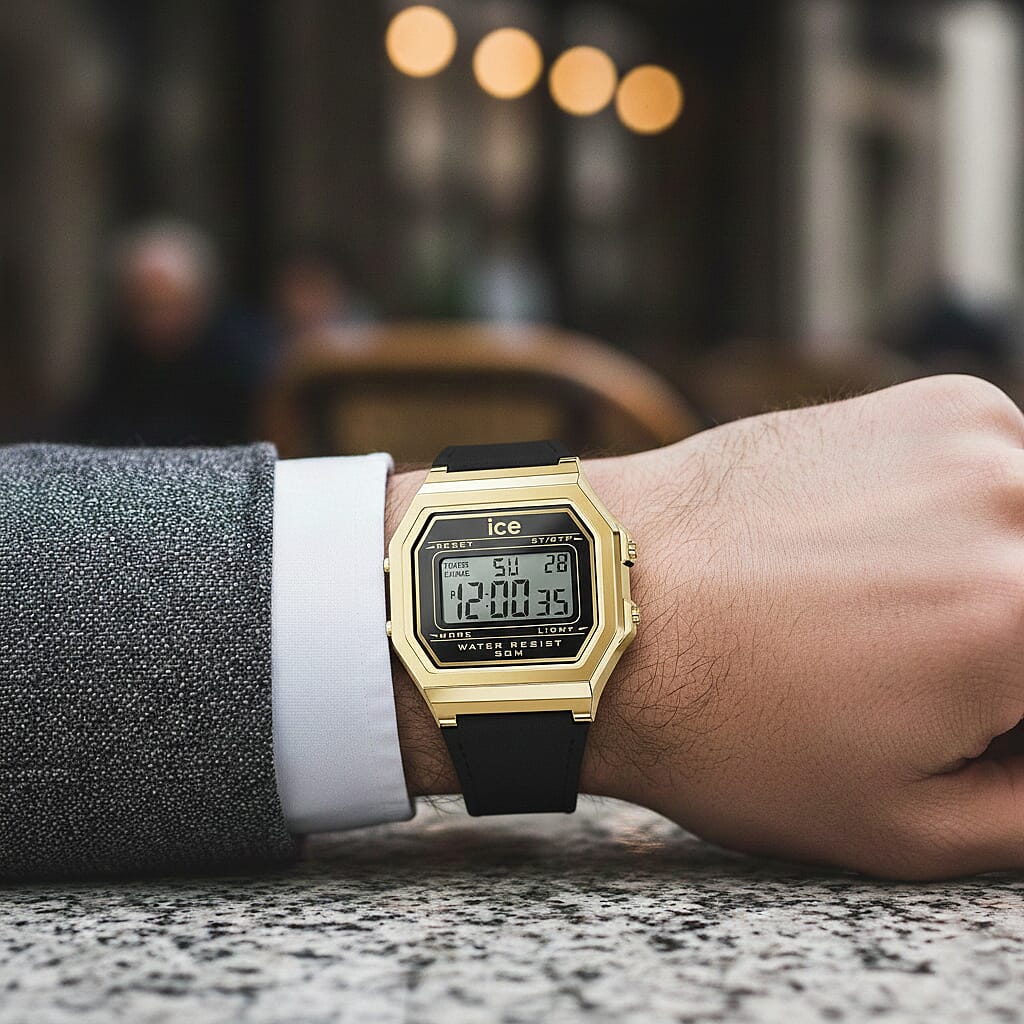 Ice Digit Retro Quartz Movt. 3ATM Water Resistance Grey Dial with Gold Colour Stainless Steel Case Unisex Watch with Black Silicone Band 8103760 2