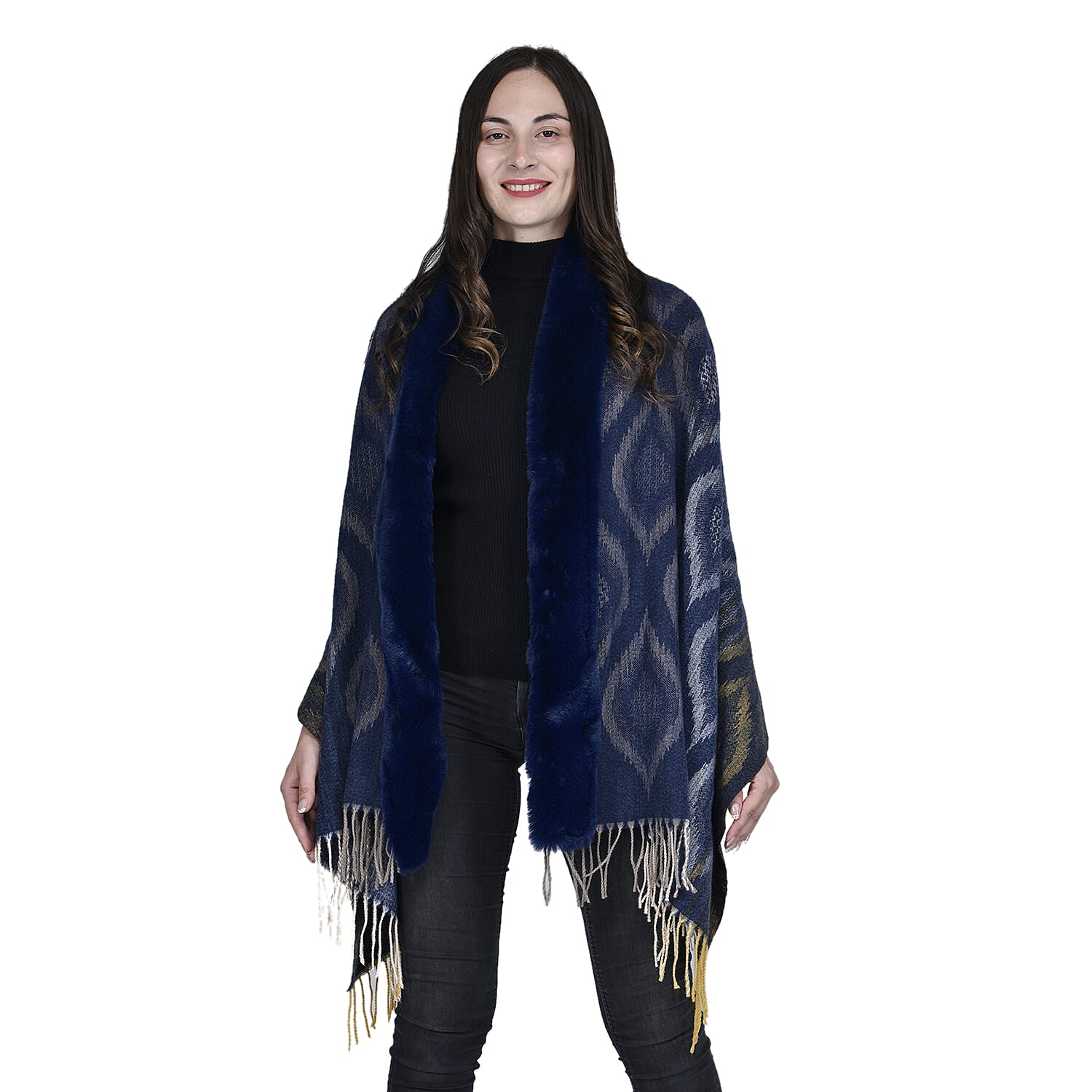 Ikat Pattern Faux Fur Kimono with Fringe - Dark Blue 7629430 0