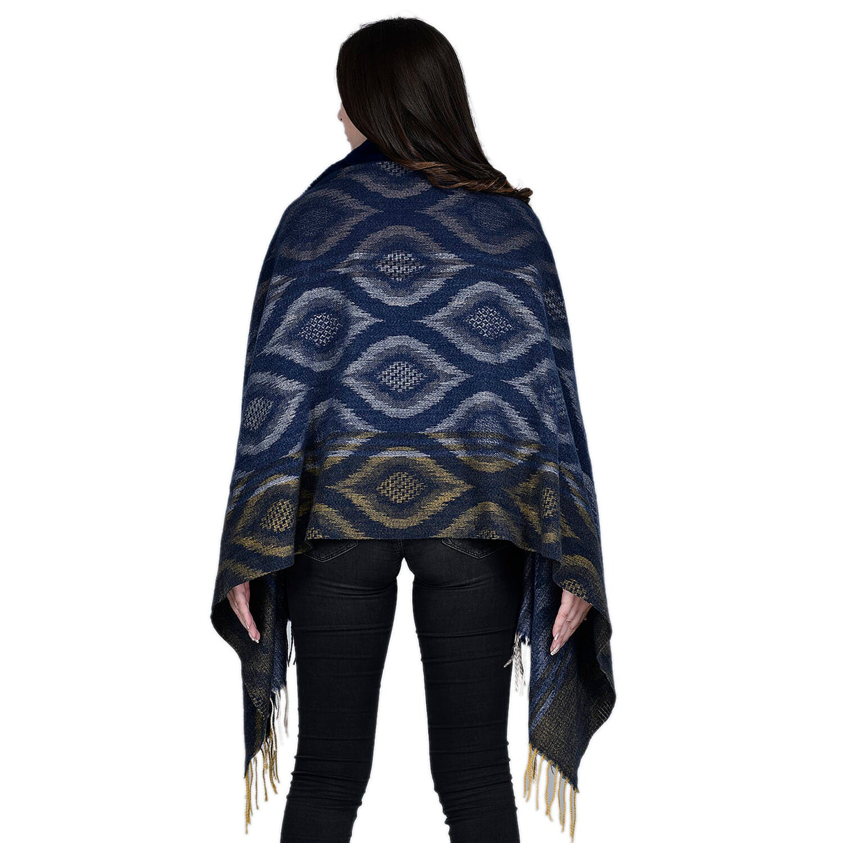 Ikat Pattern Faux Fur Kimono with Fringe - Dark Blue 7629430 2