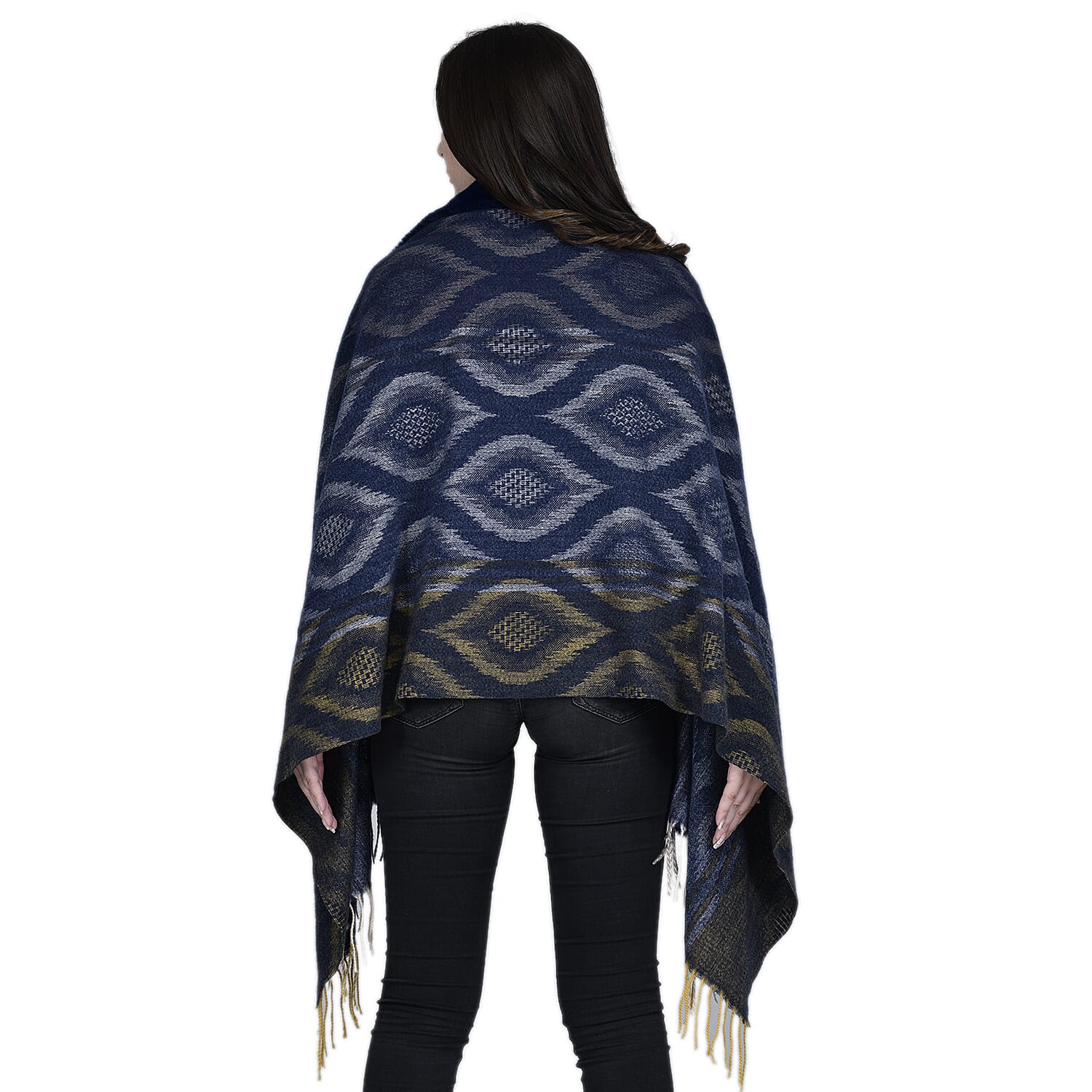 Ikat Pattern Faux Fur Kimono with Fringe - Dark Blue 7629430 2