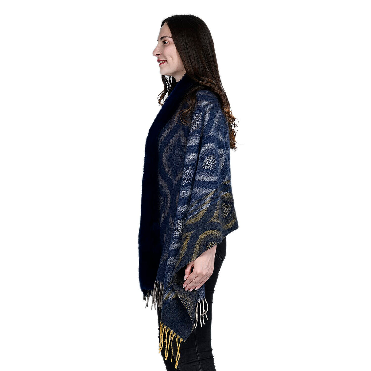 Ikat Pattern Faux Fur Kimono with Fringe - Dark Blue 7629430 3
