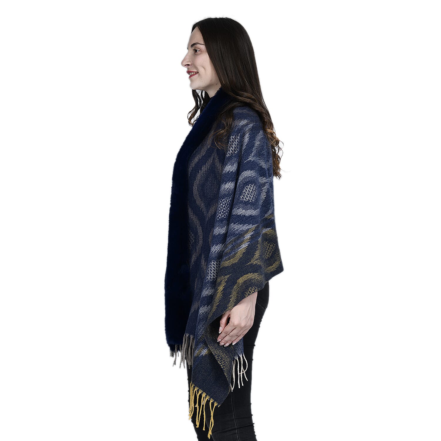 Ikat Pattern Faux Fur Kimono with Fringe - Dark Blue 7629430 3