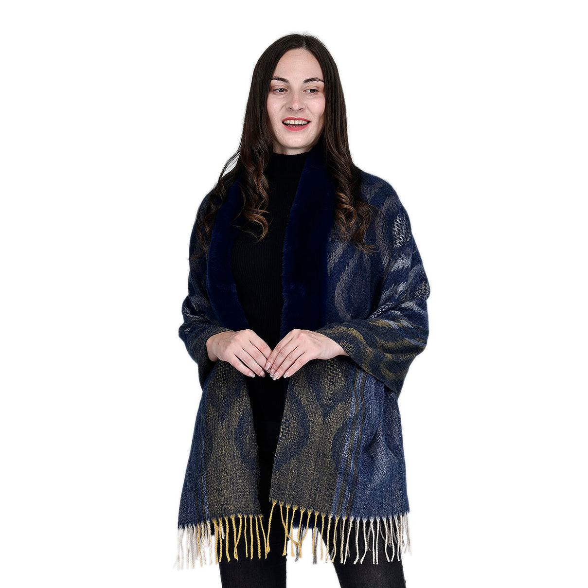 Ikat Pattern Faux Fur Kimono with Fringe - Dark Blue 7629430 4