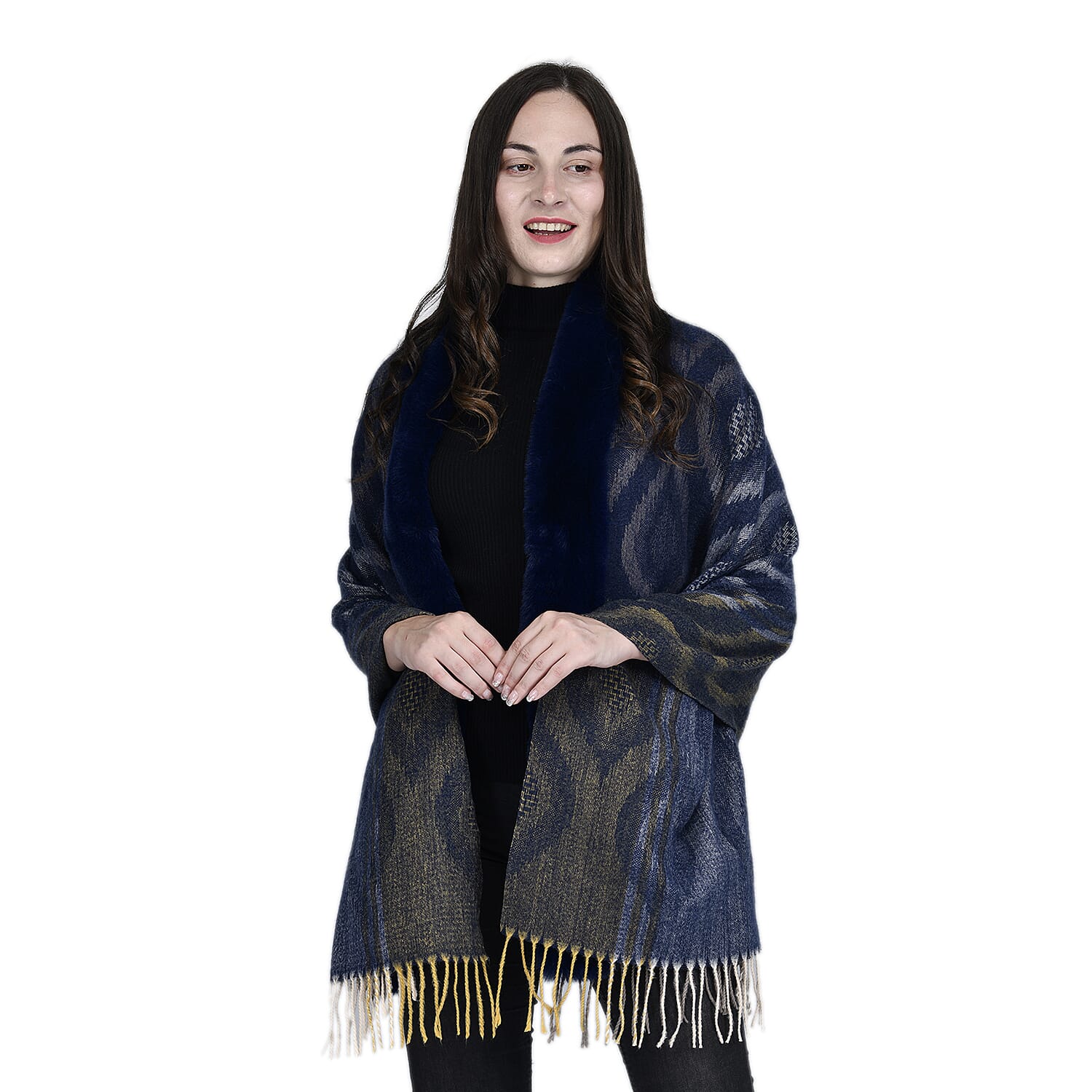 Ikat Pattern Faux Fur Kimono with Fringe - Dark Blue 7629430 4