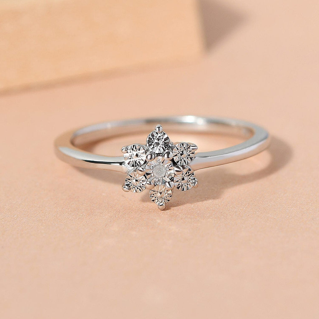 Diamond Floral Ring in Platinum Overlay Sterling Silver 0.006 Ct