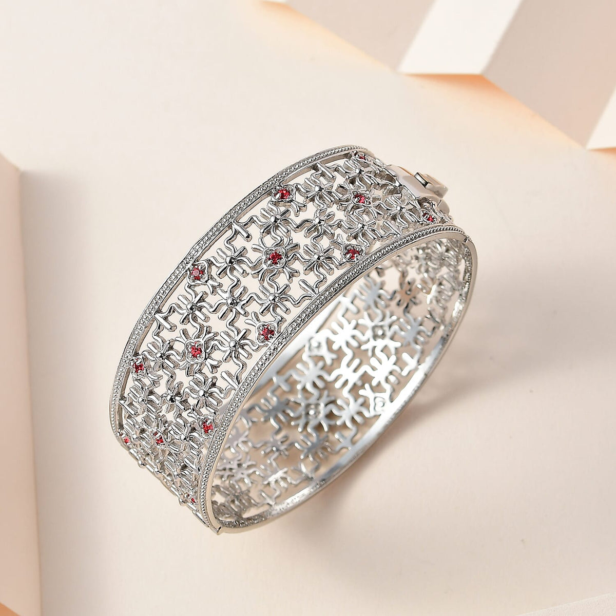 Indian Pink Crystal Bangle (Size 7.5) in Platinum Overlay Silver Tone 7256946 1