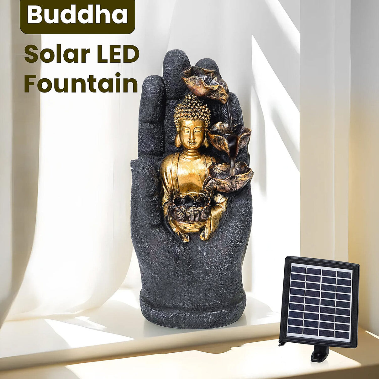 Solar Buddha with Lotus Flower Fountain and LED Light  - Grey 7595222 3