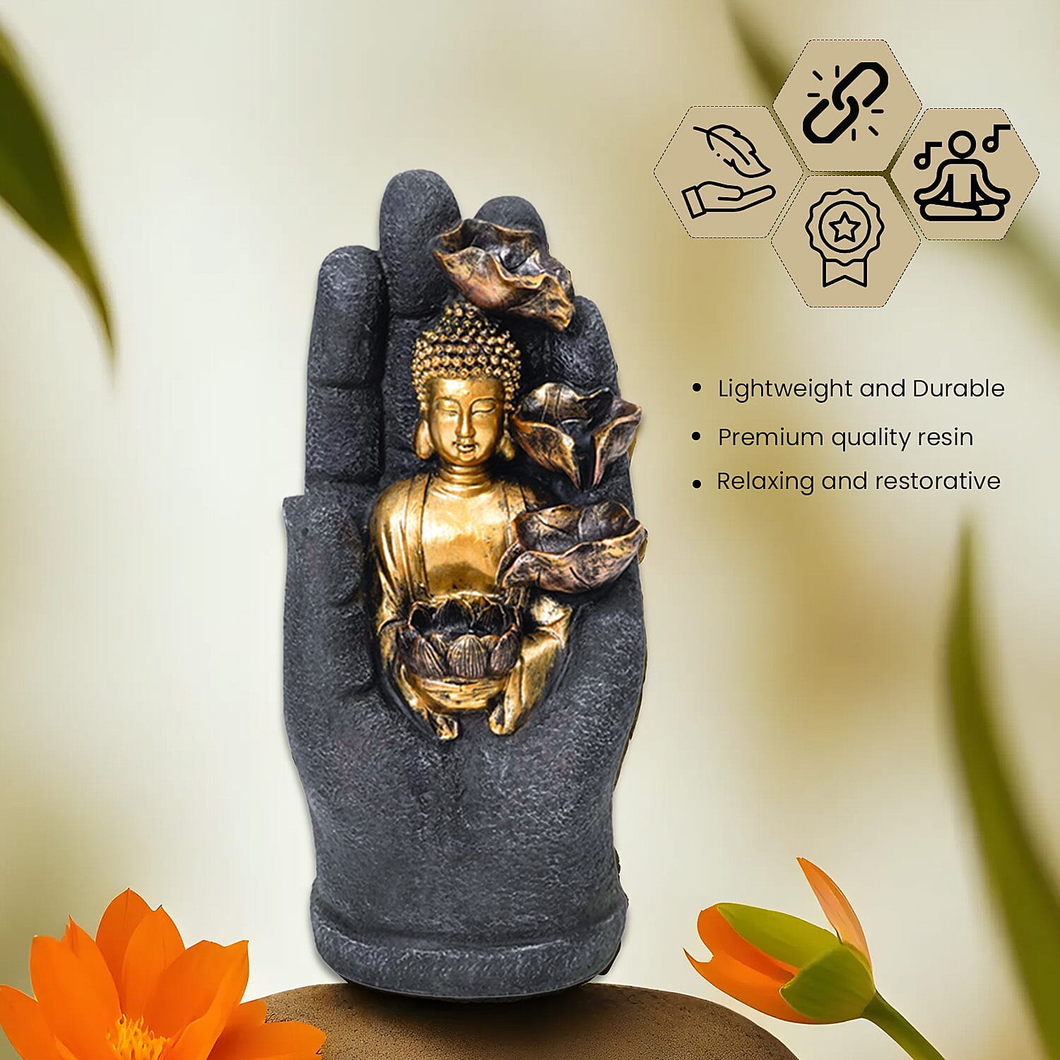 Solar Buddha with Lotus Flower Fountain and LED Light  - Grey 7595222 4