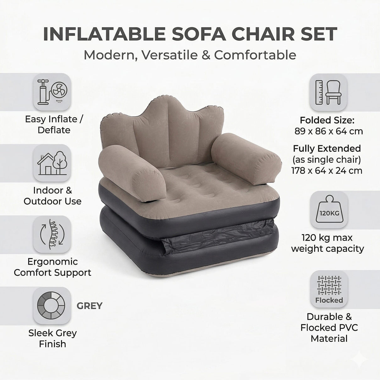 Inflatable Reclining Couch Sofa Bed with Armrest (178 cm) - Beige 8377487 3