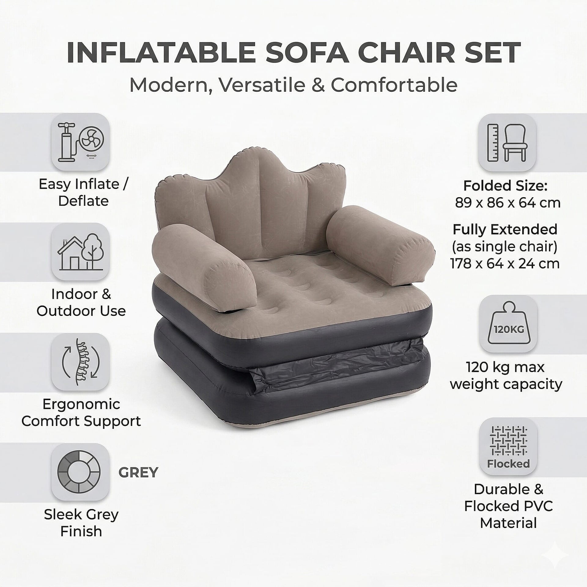 Inflatable Reclining Couch Sofa Bed with Armrest (178 cm) - Beige 8377487 3