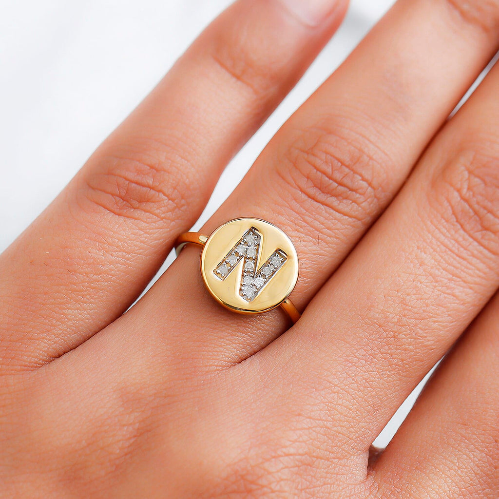 White Diamond Initial-N Ring in 14K Gold Overlay Sterling Silver