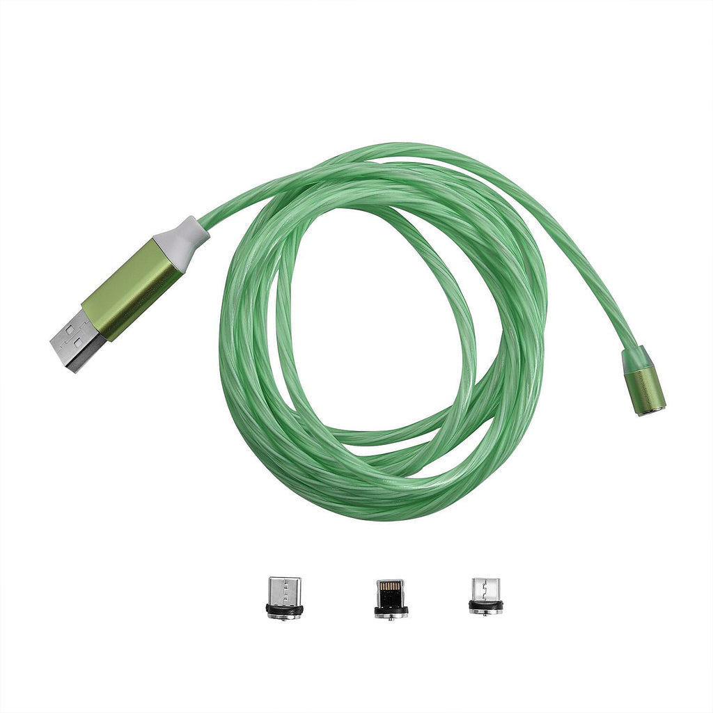 3 in 1 Magnetic Charging USB Cable with Flowing LED Light (Size 2x1 m) - Green