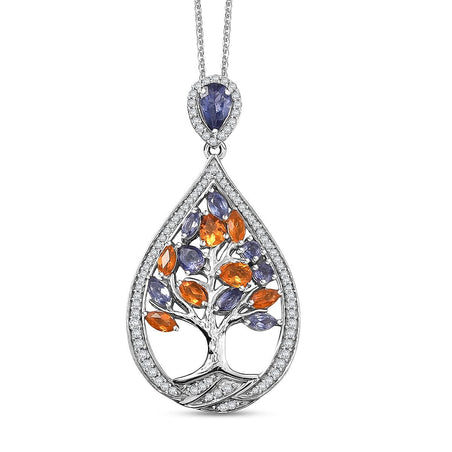 GP Tree of Life Collection - Iolite, White Zircon and Fire Opal Tree Pendant with Chain (Size 20) in Rhodium Overlay Sterling Silver 2.20 Ct. 4407482 1