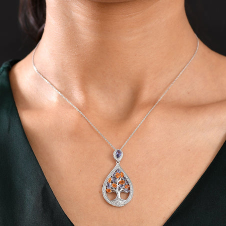 GP Tree of Life Collection - Iolite, White Zircon and Fire Opal Tree Pendant with Chain (Size 20) in Rhodium Overlay Sterling Silver 2.20 Ct. 4407482 2