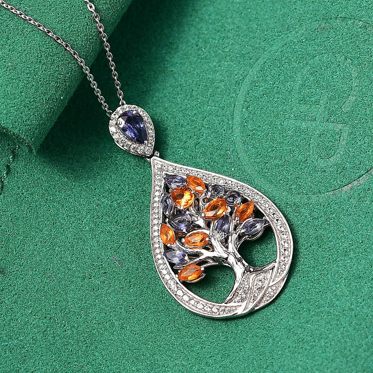GP Tree of Life Collection - Iolite, White Zircon and Fire Opal Tree Pendant with Chain (Size 20) in Rhodium Overlay Sterling Silver 2.20 Ct. 4407482 3
