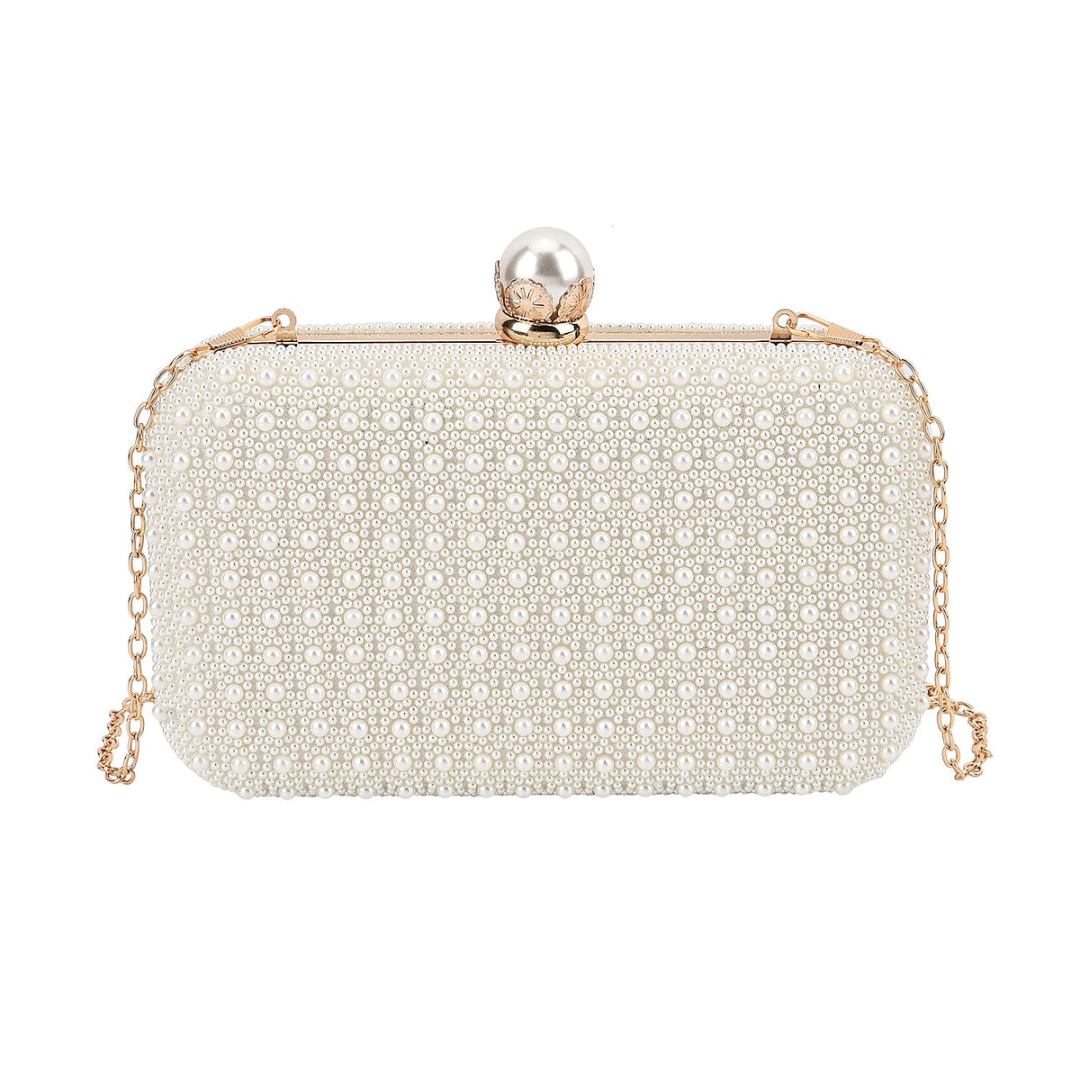 Closeout Deal - Imitation Pearl Embellished Evening Clutch with Chain Strap - White 7616133 0