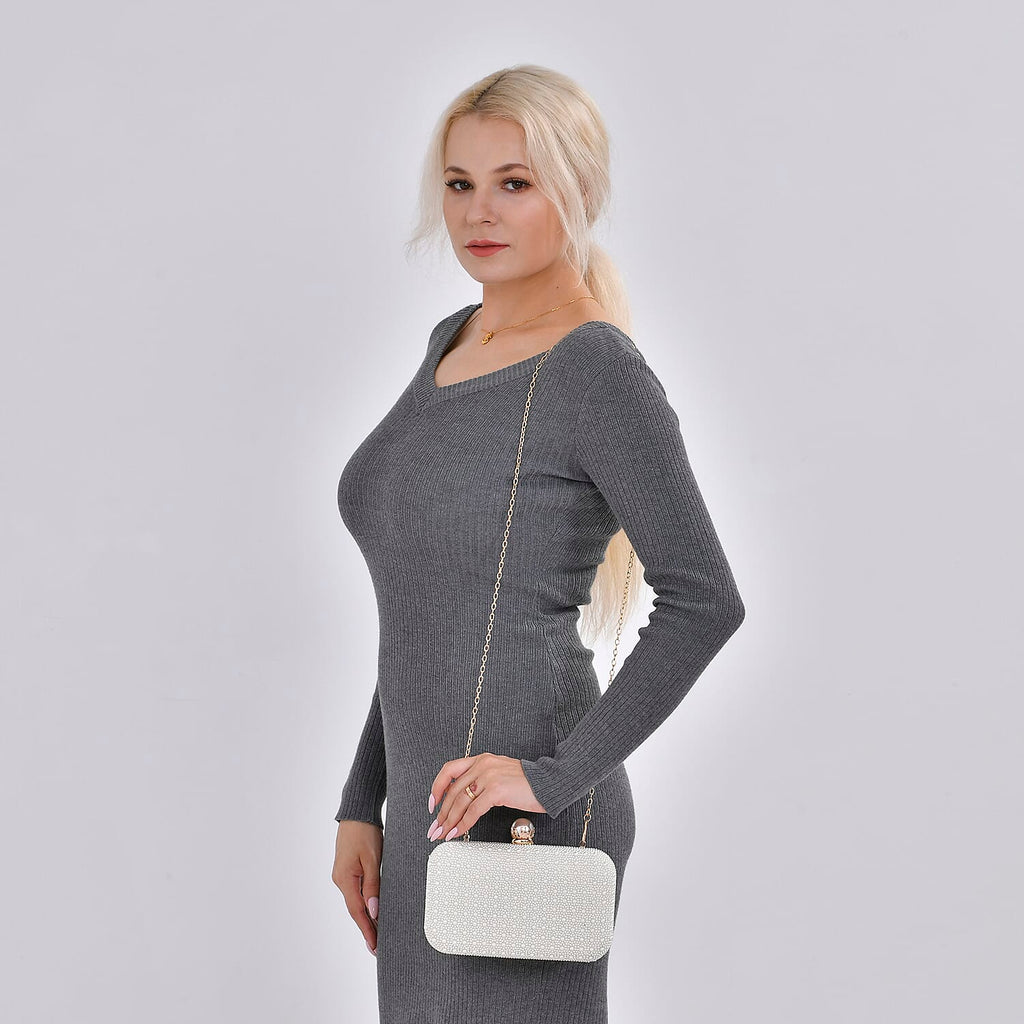 Closeout Deal - Imitation Pearl Embellished Evening Clutch with Chain Strap - White