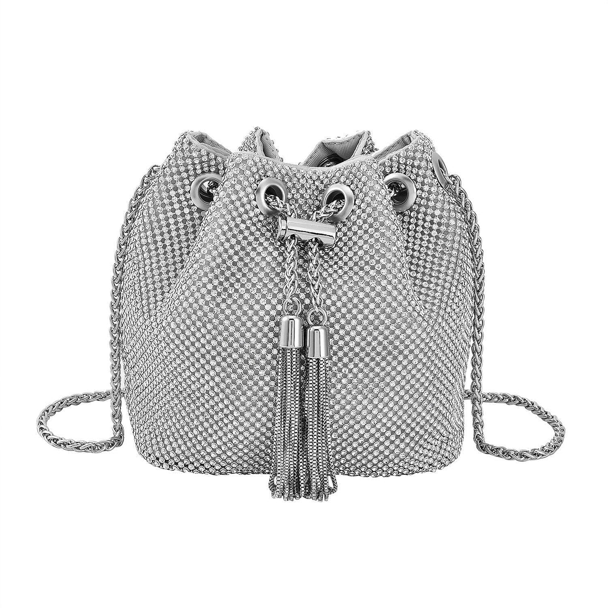 Closeout Buy - Designer Inspired Crystal Pattern Crystal Studded Drawstring Bucket Bag with Tassel Lock &amp; Long Strap  - Silver 7616129 0