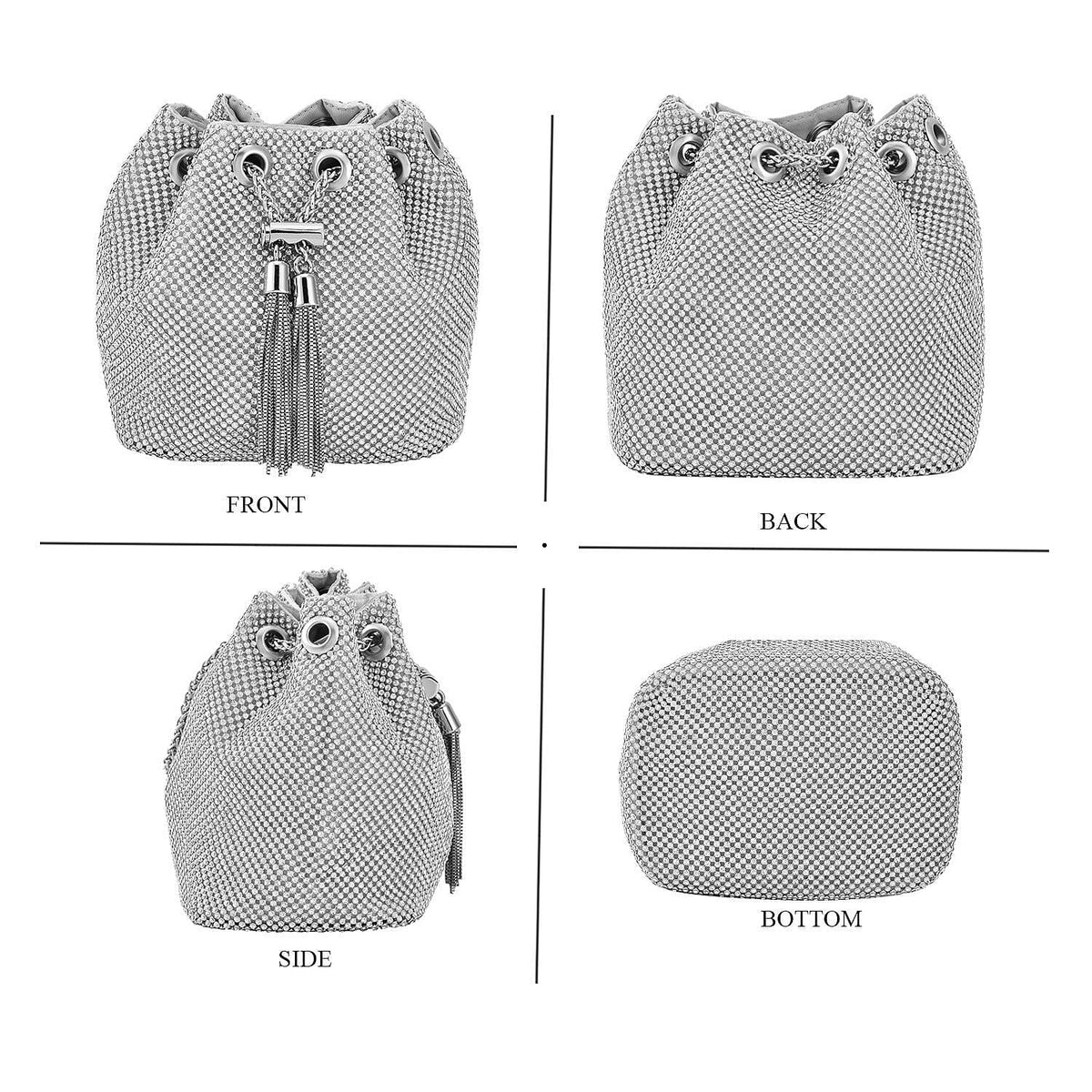 Closeout Buy - Designer Inspired Crystal Pattern Crystal Studded Drawstring Bucket Bag with Tassel Lock &amp; Long Strap  - Silver 7616129 3