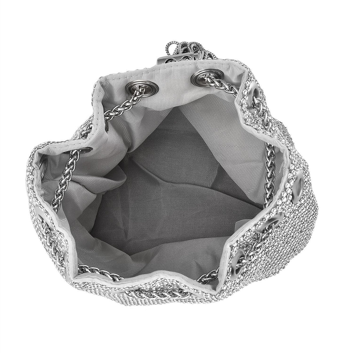 Closeout Buy - Designer Inspired Crystal Pattern Crystal Studded Drawstring Bucket Bag with Tassel Lock &amp; Long Strap  - Silver 7616129 4